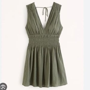 Abercrombie & Fitch Smocked Plunge Crinkle Mini Dress in Olive Medium Tall